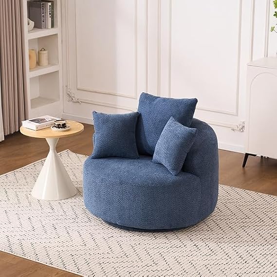 Modern 39" Swivel Barrel Chair, Comfy Boucle Upholstered Accent Chair with 360 Rotation, Single Sofa with 3 Pillows, Ergonomic Design, for Living Room Bedroom Office, Antique Blue