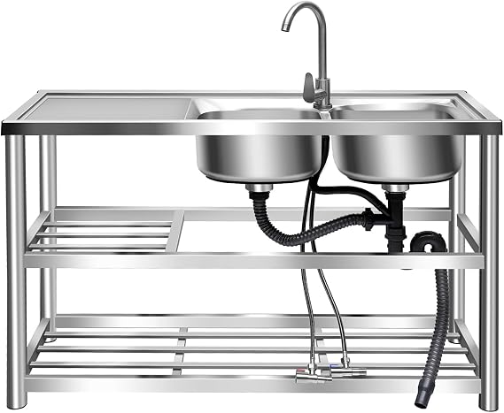 Free Standing Stainless-Steel Double Bowl Sink Utility Sink