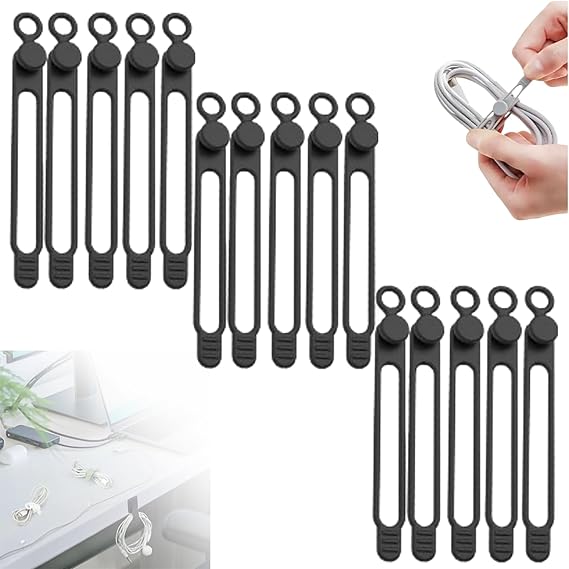Silicone Cable Ties, 2026 New Data Cable Organizer Silicone Cable Ties Reusable Cable Management Organizer Multipurpose Cable Management for Travel/Portable/Office/Home Desk (Black, 15 Pcs)