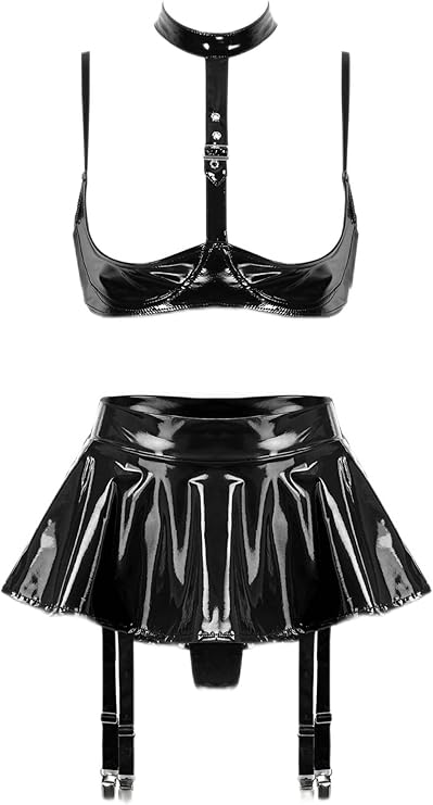 TiaoBug Women's Shiny Glossy Patent Leather Two Piece Lingerie Set Sleeveless Hollow Out Crop Top And Mini Skirt Sets