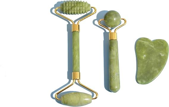 3 in 1 Jade Roller & Gua Sha Set - Natural Jade Facial Massager with Textured Roller, Anti Aging Skincare Tools for Face, Eye, Neck Massage, Promote Serum Absorption, Bester Gift for Women & Men