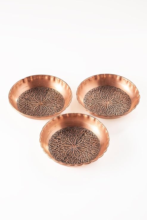 HOME Bakır Çerezlik Seti, El İşlemeli Desenli, 12cm x 2,5cm, 3'lü Set, Kuruyemiş Servis Tabağı, Antik Bakır Rengi