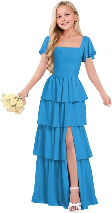 Tiered Chiffon Junior Bridesmaid Dresses Flower Girl Dresses for Wedding Ruffles Pageant Formal Gown for Girls