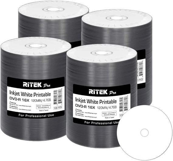 400 Pack Ritek Pro (Professional Grade) DVD-R 16X 4.7GB AZO Dye (MID MXL RG04) White Inkjet Hub Printable Blank Media Recordable Disc