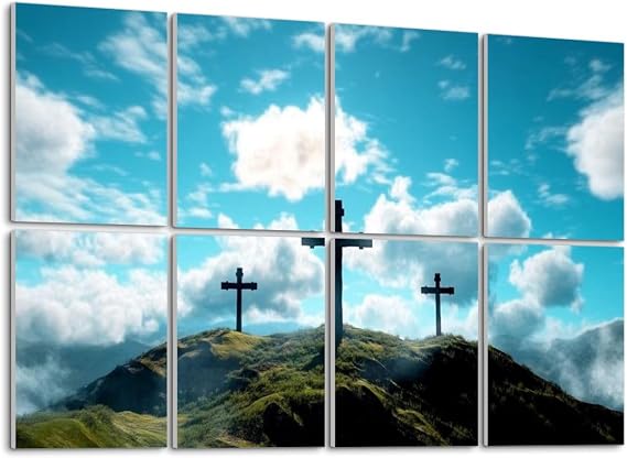 Art Acoustic Panels Self Adhesive Three crosses hill clouds blue 8Packs Decorative Soundproof Wall Panels Large Sound Absorbing Panels for Home Office 48"x32"