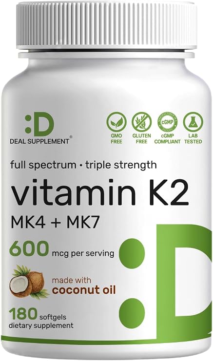 DEAL SUPPLEMENT Vitamin K2 Supplement 600mcg, 180 Coconut Oil Softgels | Full Spectrum High Absorption MK-7 & MK-4 Forms | Bone, Joint, Immune Support Non-GMO