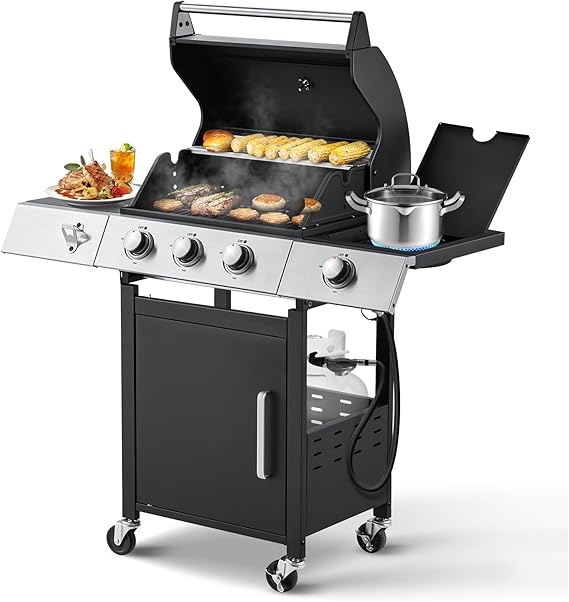 MELLCOM Upgraded 36,000 BTU Stainless Steel Burner Barbecue Grill, 3 Burner BBQ Propane Gas Grill with Cast Iron Grates & Side Stove for Patio, Camping, Outdoor Cooking