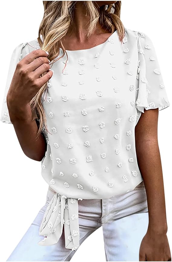 Summer Women Pom Poms Tops Casual Short Sleeve Crew Neck Side Bandge Ties Shirts Solid Loose Comfy T-Shirt Blouses