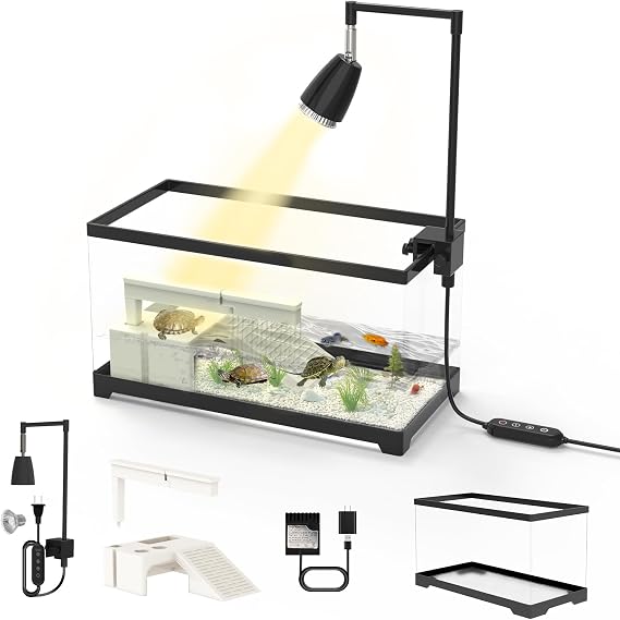 Turtle Tank Kit for Small Turtles, Hatchlings, Aquatic Pets-7.8Gallon with Basking Platform, Timed Heat Lamp & Rain Filter(19.7"*9.5"*9.6")