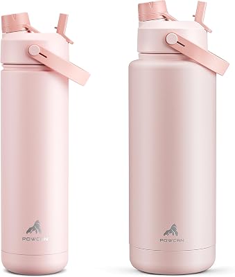 POWCAN 26 oz and 40 oz Insulated Water Bottle 2 Pack, 2-in-1 Straw and Spout Lid, Keep Cold 24H, Leak-Proof, BPA-Free, only 26 oz Fits in Car Cup Holder Cotton Candy and Cotton Candy