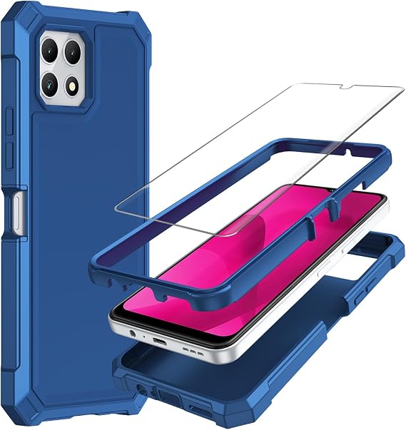 for T-Mobile Revvl 7 case, with Tempered Glass Screen Protector 360 Full-Body Soft TPU Bumper Shockproof Silicone Protective Phone Cover Case for T-Mobile Revvl 7 5G (Blue)