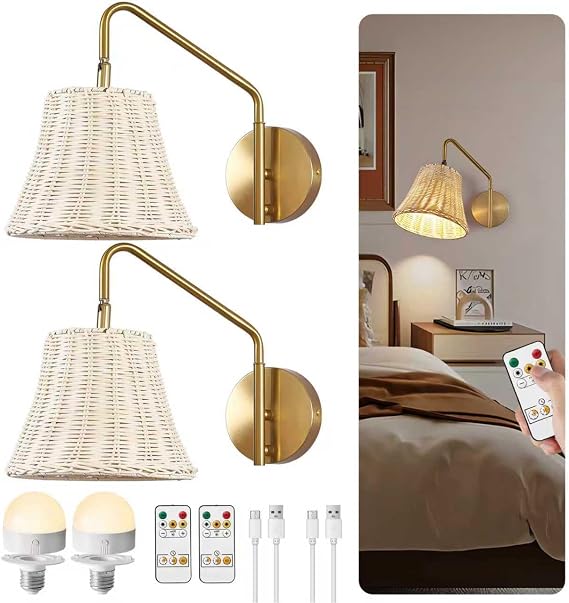 Rattan Wall Sconce Set of Two, Battery Operated Rechargeable Wall Light with Remote, Adjustable Gold Wall Sconce for Living Room and Bedroom(E26 Bulb Included)