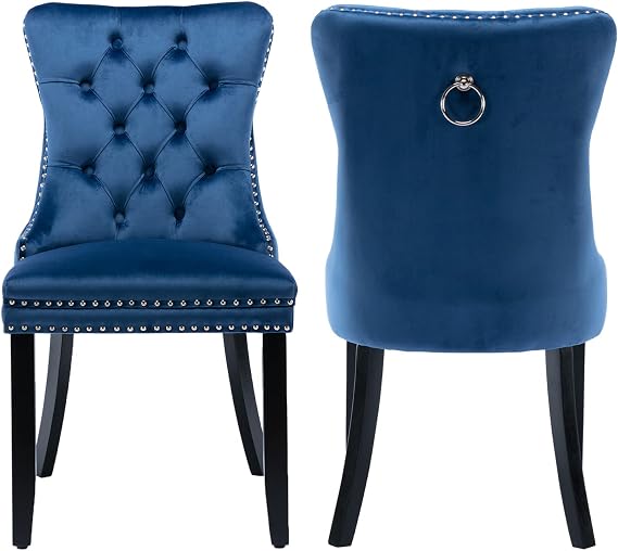 Dinning Chair, Comfortable Velvet Upholstered Dining Room Chair, 20" Seat Height, Solid Wood Leg Nailhead Trim, Modern Kitchen Dining Chairs Set of 2, Blue