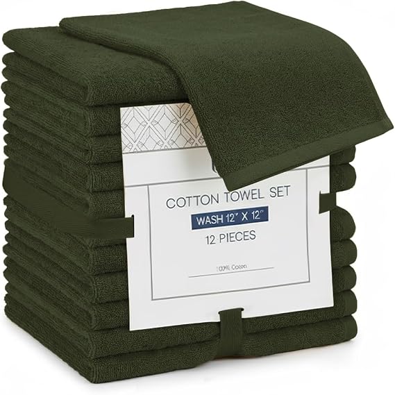 Linteum Textile Supply Premium 12x12 Washcloth (Army Green) 100% Cotton Zero Twist Towels | Absorbent, Quick Dry, Durable for Bathroom, Spa, Gym (12 Pack)