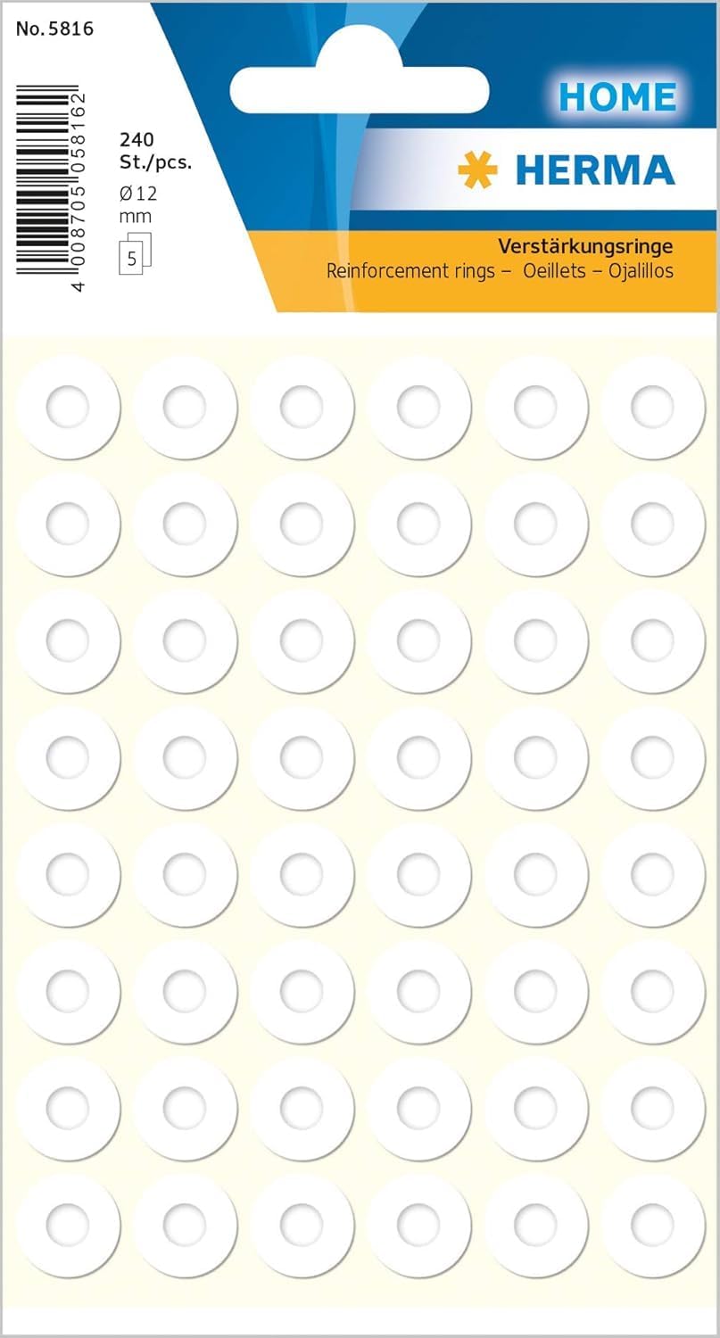 HERMA Hole Reinforcement Rings White, 240 Labels, Ø 12 mm, 48 Labels per Sheet, Self Adhesive Hole Reinforcer Stickers, Sticky Hole Punch Reinforced Ring Stickers