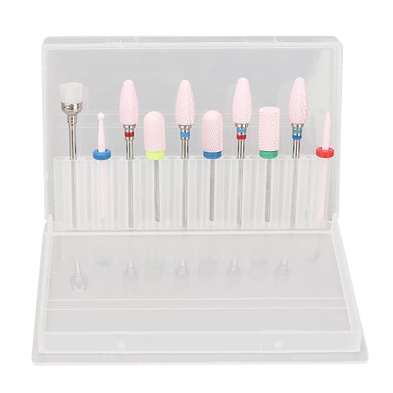 BestAlice 10Pcs Nail Drill Bits Set with Portable Nail Drill Bit Holder, Nail Drill Bits, Portable Ceramic Cuticle Remover Bits with 20 Hole Storage Box for Nail Artist Novice
