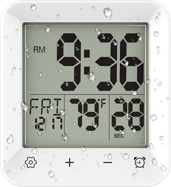 Digital Shower Clock Waterproof, Bathroom Wall Clock Timer with Touch Screen, Temperature, LCD Display, Suction Cup Hanging Hole Stand for Kids and Adults