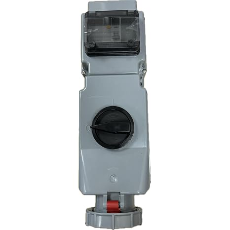 Commando Type Professional Quality Interlocked Switched Socket,63A, 5 Pin, 415V, 50-60Hz Three Phase, Red, IP67 IEC309, 4 Pole 63A 30mA RCD and hinged window for 6 modules