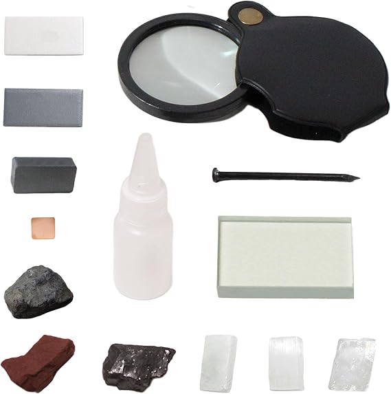 Mineral ID Kit Rock Mineral Identification Kit - Includes Streak Plates, Glass Plate, Magnet, Dropper Bottle, Nail, Hand Lens, Cooper Sheet, Rock & Mineral Geology Kit