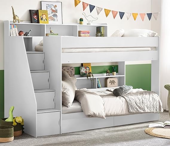 happybeds Tuscan White Wooden Staircase Bunk Bed, 3ft Single, Frame Only