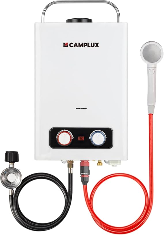 Camplux Pro 6L Portable Tankless Water Heater,Mini Sized Outdoor Propane Gas Water Heater with Portable Handle,Propane Gas Water Heater for RV,Campings,Cabins,Barns,White
