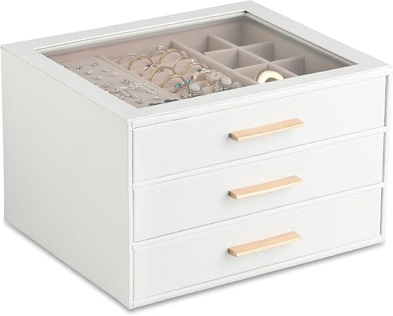 Frebeauty Jewelry Box for Women,Clear Lid Jewelry Organizer with 3 Drawers