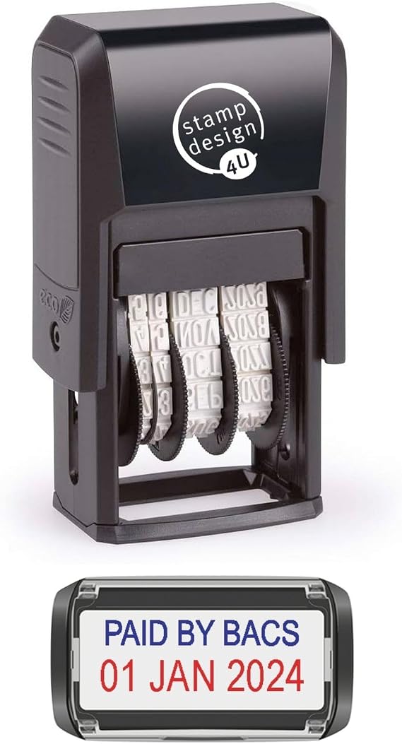 Self Inking Changeable Date Stamp - Paid by Bacs Date Stamp in Blue and Red Ink
