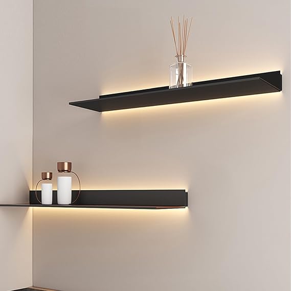 Metal Floating Wall Shelves with LED Lights and Invisible Brackets, 23.6in Black Wall Mounted Bookshelf of 1, Wall Decor, for Bedroom, Bathroom, Living Room, Kitchen