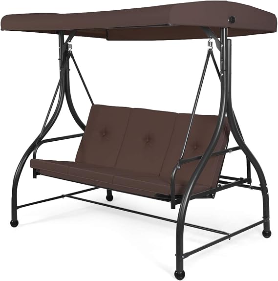 Tangkula 3 Seats Converting Patio Swing, Outdoor Porch Garden Canopy Swing with Comfortable Cushion Seats & Adjustable Tilt Canopy, Heavy Duty Hammock 3 Persons Porch Swing (Brown)