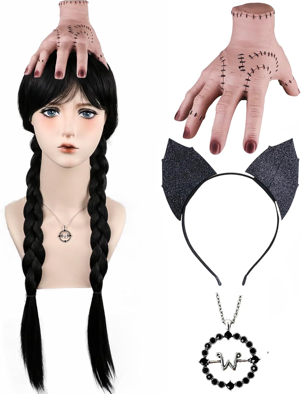 Wednesday Addams Wig with Single Hand Necklace and Headband Long Black Braided Wig with Bangs Halloween