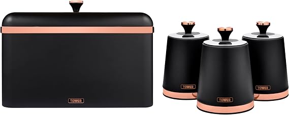 Tower Cavaletto Bread Bin, Removable Lid and Set of 3 Storage Canisters for Coffee/Sugar/Tea, Steel, Black and Rose Gold