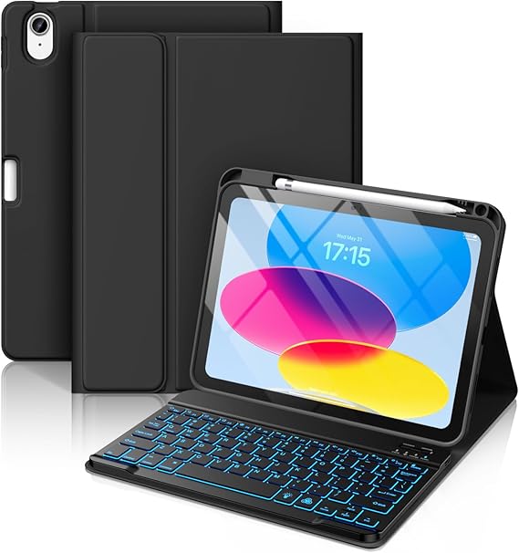 Hamile for iPad A16 11th 10th Generation Case with Keyboard - Wireless | Backlit Detachable Folio Keyboard Cover, Pencil Holder, for iPad A16 11-inch 2025 10th Generation 10.9 Inch 2022, Black