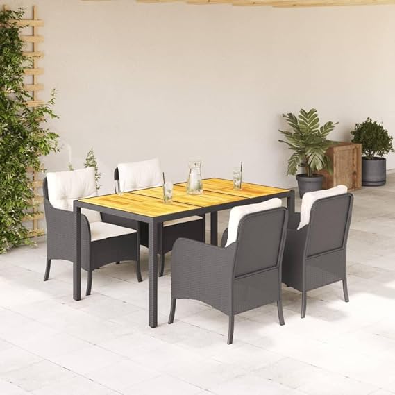 5-Piece Patio Furniture Set, 59" Acacia Wood Dining Table + 4 Black Wicker Chairs with Removable Cushions, UV-Resistant Outdoor Bistro Set for Backyard Balcony Garden, Seats 4