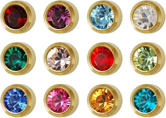12 Pairs Studex Birthstones Large 5mm Gold Plated Bezel Setting Ear Piercing Stud Earrings