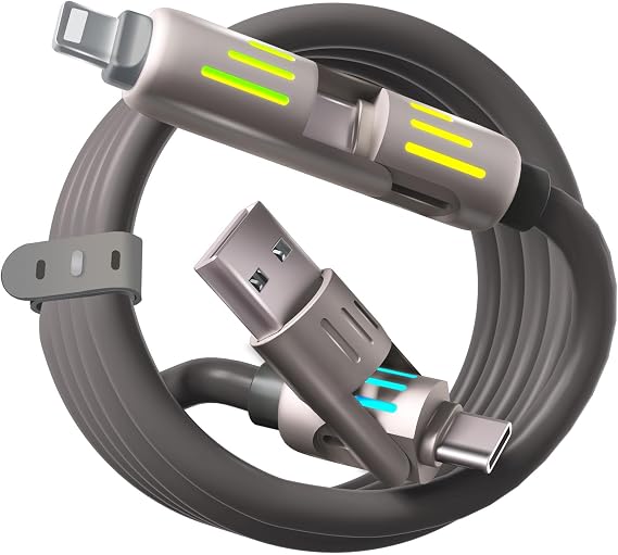 240w 4'ü 1 arada USB C Kablosu, Solunum Işıklı Şarj Kablosu, PD 5A Çok Hızlı Şarj ve Veri Senkronizasyonu Silikon iPhone Samsung Dizüstü Bilgisayar Çoklu Cihaz Şarjı ile Uyumlu, 4FT (Gery) (Gri)