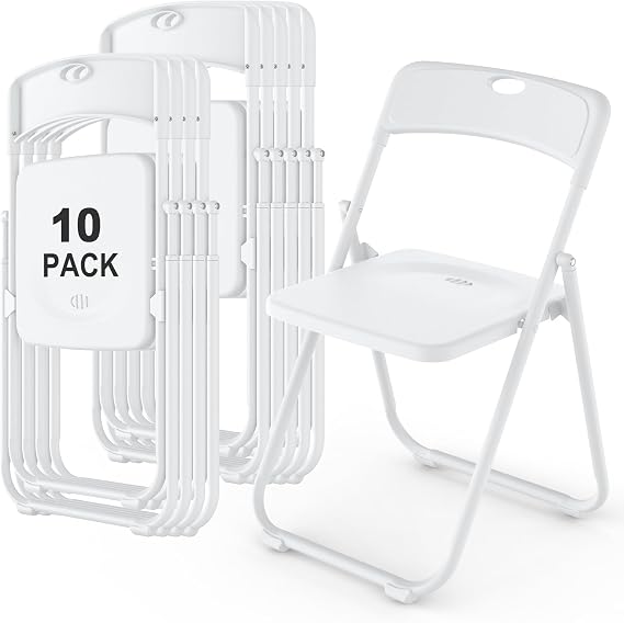 10 Pack White Plastic Folding Chairs, Indoor Outdoor Heavy-Duty Stackable Seats with Steel Frame, 350 lbs Capacity Portable Commercial Foldable Chairs for Party Events Wedding Dining Picnic Office