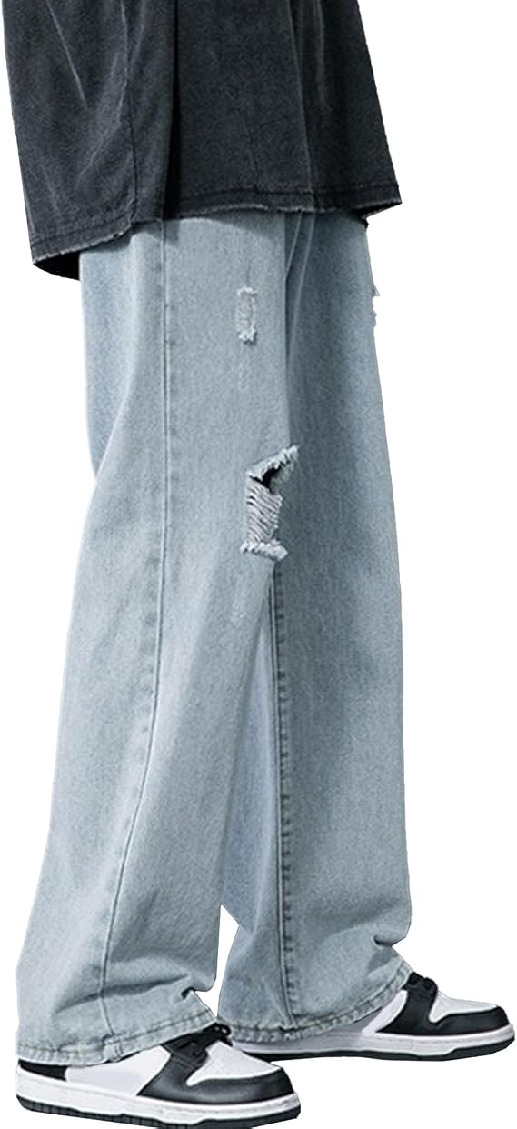 Distressed Denim Jeans with Asymmetric Knee Tears and Relaxed Straight-Leg Cut Light Blue
