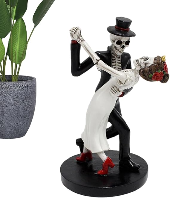 Dancing Skeleton Couple Figurine – Gothic Resin Lovers Statue, Romantic Sugar Skull Decor | Handcrafted Skeleton Bride Groom Ornament, Halloween Wedding Day Of Dead Decoration For Home Office Bar Disp