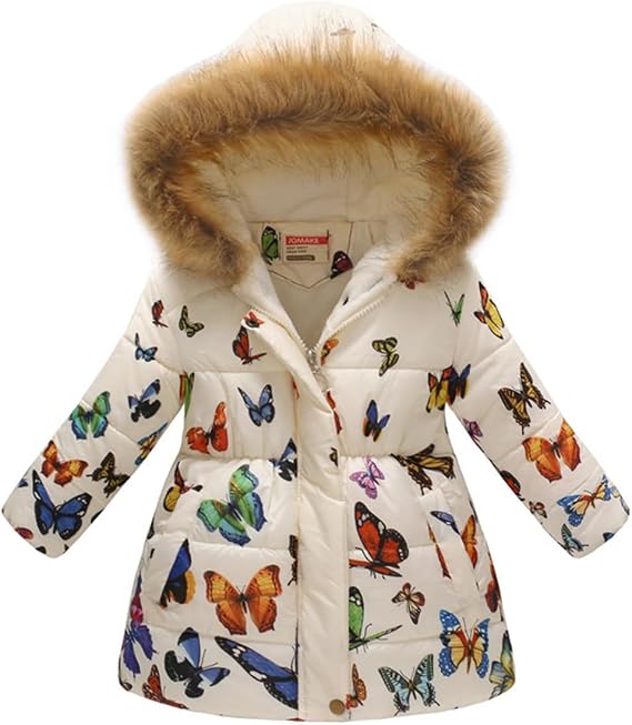 Girls Winter Dress Coats Faux Fur Hood Fleece Jacket Floral Parka | Water Resistant Shell; Warm Padded Fill; Butterfly Print Design; Zip and Snap Front; Side Hand Pockets