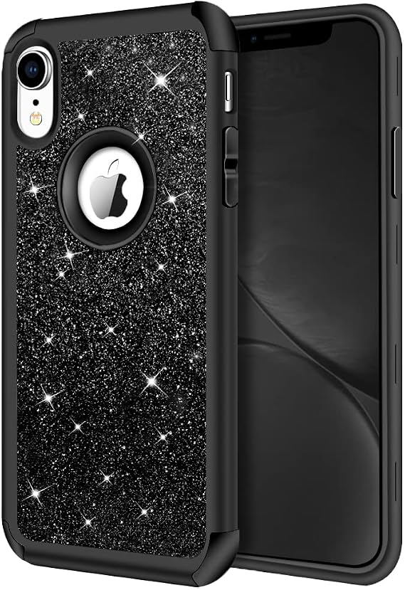 Hython Compatible with iPhone XR Case, Heavy Duty Full-Body Defender Protective Bling Glitter Sparkle Hard Shell Armor Hybrid Shockproof Silicone Rubber Bumper Cover for iPhone XR 6.1 Inch, Black
