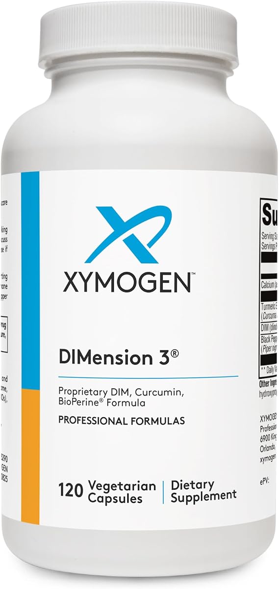 XYMOGEN Dimension 3 - DIM Supplement for Hormonal Balance & Estrogen Metabolism Support* - with Curcumin & BioPerine - Gluten-Free - 120 Capsules | DIM Supplement for Hormonal Balance and Estrogen Metabolism Support,* with Curcumin and BioPerine, Gluten-Free