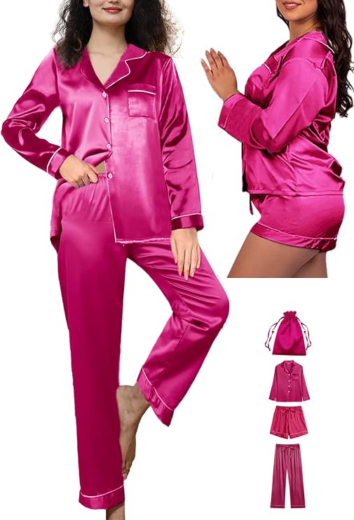 WJing Yi Jia 4Pcs Womens Silk Pajamas Set XS-XXL Satin Pajama Sets for women Silky Pj Set Sleepwear Pjs Nightwear Loungewear