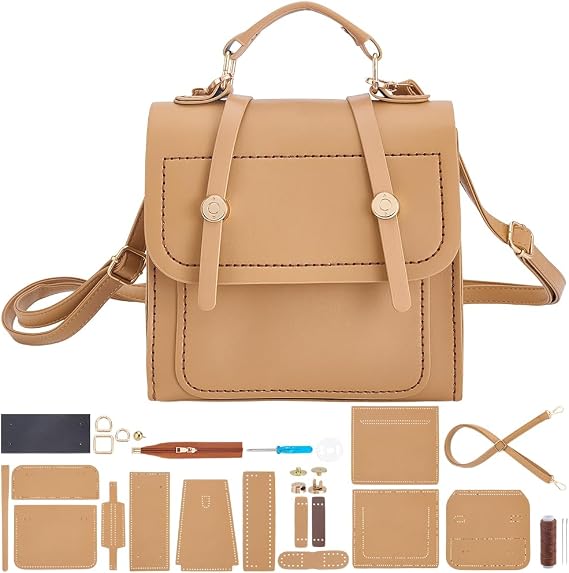 WEBEEDY DIY PU Leather Shoulder Bag Making Kit All Materials Leather Craft Purse Handbag Sewing Kit with Handles and Strap, DIY Your Own Handle Bag Purse for Summer Holiday Travel, 7.9x3.9x7.9 inch