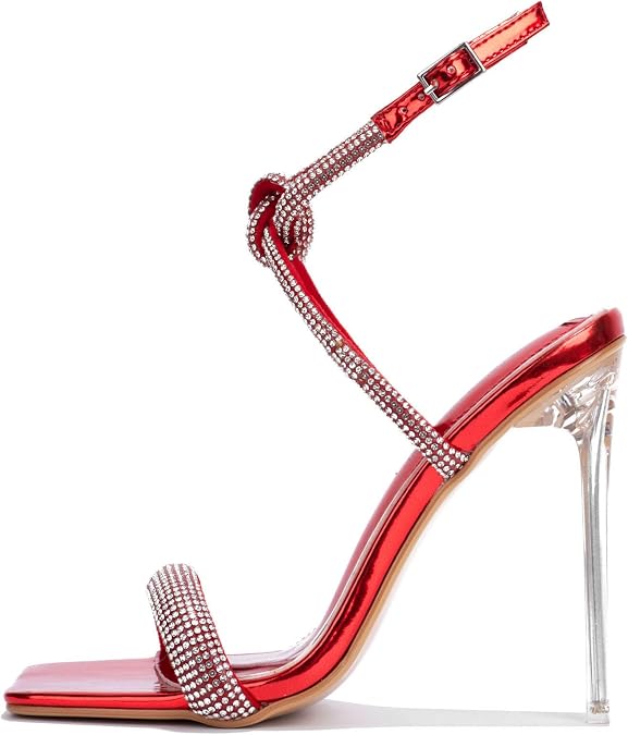 Cape Robbin Women's Rhinestone Stiletto Heel Sandals - Square Open Toe Ankle Strap Sparkly High Heels (Lexington)