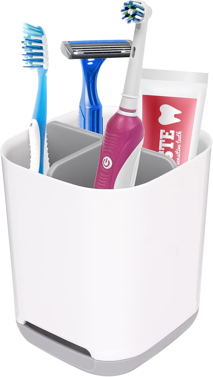 MOGADEE® Toothbrush Holder, Removable Bathroom Toothbrush Cup Plastic with Drainage Hole, 2 Toothbrush Compartments  1 Storage Basin, Non-Slip Base Grey