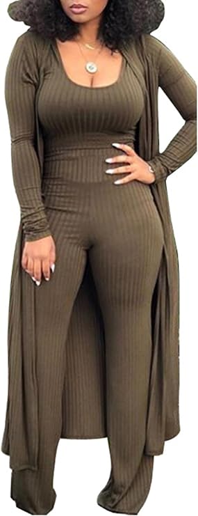LKOUS Women's 3 Piece Ribbed Knit Cardigan Wide Leg Pants Casual Set