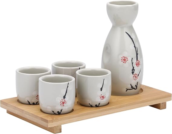 I-MART Japanese Sake Set, Ceramic Saki Cup Set with 1 Sake Carafe, 4 Sake Cups and 1 Tray