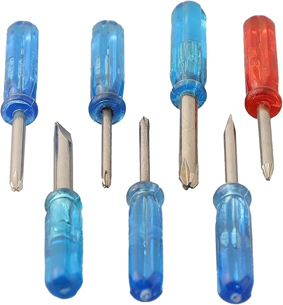 7 Pieces for MINI Screwdriver Set with Cross, Slotted and Star Tips in Blue, Red and Silver 45# Steel, 08-30 mm Sizes for Repairing Toys and Small Items