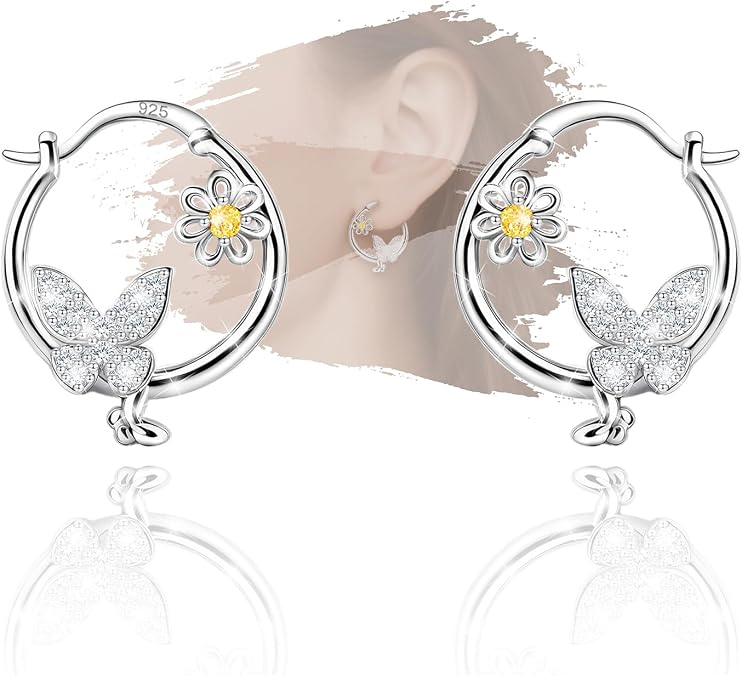 Sterling Silver Daisy Butterfly Earrings for Teens Women - Sparkle Cubic Zirconia Hoop Earrings Hypoallergenic Lightweight Yellow CZ Dainty Loop Earring Gifts for Daughter Granddaughter Niece