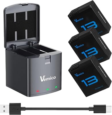 Vemico Battery Charger for Hero 13 with 2100mAh 3 Pack Batteries and USB-C 3-Slot Charger Box for Hero13 Black Action Camera Battery